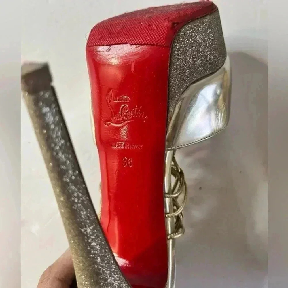 Christian Louboutin Lady Peep Gold Glitter Platform Heels Women’s EU 36 - Picture 14 of 15